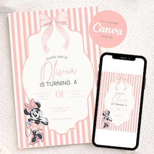 May include: A pink and white striped invitation with a bow graphic and the text "Olivia is turning 4". A Minnie Mouse graphic is on the invitation. A smartphone displays the same invitation.