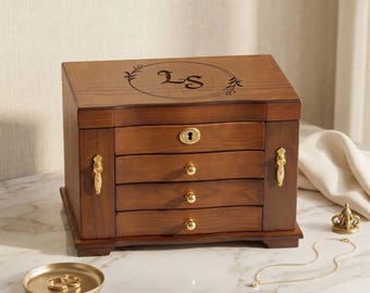 Caja de joyería personalizada de madera de nogal, organizador de recuerdos grabado, almacenamiento de estilo vintage