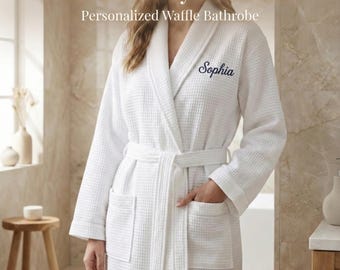 Bata de algodón bordada con diseño de gofre, regalo de spa personalizado