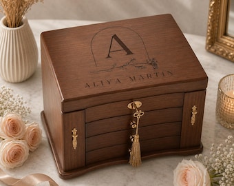 Caja de joyería de madera personalizada, almacenamiento de recuerdos grabado, organizador de cajones mediano