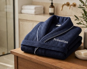 Bata de algodón azul marino con tejido de gofre personalizada, bata de baño tipo kimono bordada