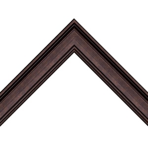 May include: A dark brown wooden picture frame corner sample featuring a multi-tiered stepped profile with a smooth finish. The frame displays a deep espresso wood grain texture and a sharp mitered corner joint, showcasing the molding design.