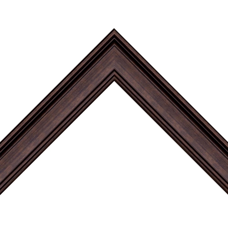 May include: A dark brown wooden picture frame corner sample featuring a multi-tiered stepped profile with a smooth finish. The frame displays a deep espresso wood grain texture and a sharp mitered corner joint, showcasing the molding design.