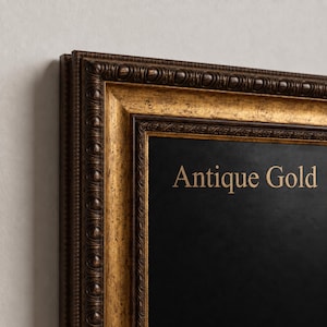 May include: A rectangular picture frame featuring an ornate, multi-layered border with a dark brown and metallic gold finish. The frame has a textured, beaded outer edge and a smooth inner gold trim. The text Antique Gold is centered on the black.