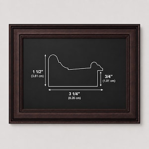 May include: A dark brown rectangular picture frame with a detailed profile diagram overlaid in white. The diagram indicates a height of 1 1/2 inches, a width of 3 1/4 inches, and a depth of 3/4 inches, providing clear technical specifications.