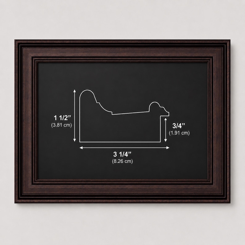 May include: A dark brown rectangular picture frame with a detailed profile diagram overlaid in white. The diagram indicates a height of 1 1/2 inches, a width of 3 1/4 inches, and a depth of 3/4 inches, providing clear technical specifications.