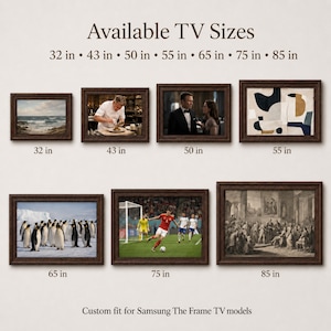 May include: A chart displaying available TV sizes for Samsung The Frame TV models, ranging from 32 in to 85 in. The image shows seven framed television screens, each displaying a different artwork or scene, labeled with their respective sizes in inches.