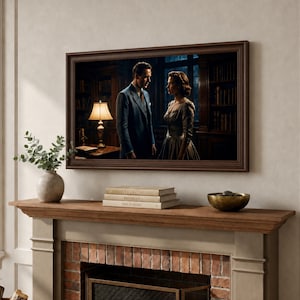 May include: A framed rectangular wall art piece depicting a man in a blue suit and a woman in a brown dress standing in a library with a lit lamp. The artwork is displayed above a wooden fireplace mantel featuring a vase, books, and a bowl.
