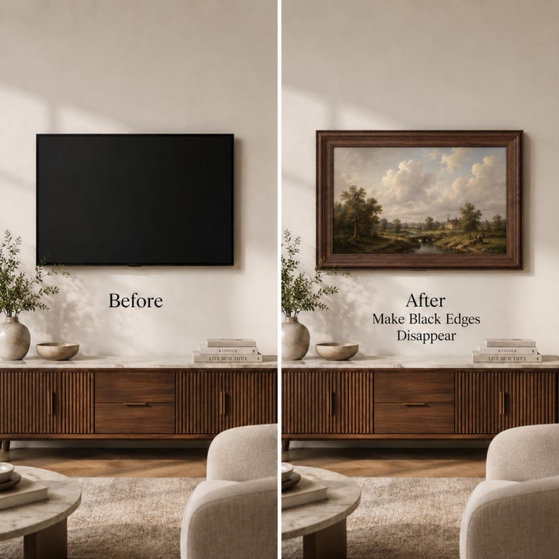 May include: A split-screen comparison showing a blank black television screen labeled Before and a framed landscape painting of a river, trees, and cloudy sky labeled After Make Black Edges Disappear, mounted above a wooden media console.