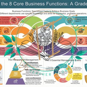Puede incluir: Una infografía colorida titulada "Dominar las 8 funciones comerciales principales: una guía de 10º grado". Describe las funciones comerciales, las tareas de gestión y los marcos legales. El diseño incluye diagramas circulares y cuadros de texto de varios colores.