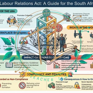 Può includere: Infografica intitolata "Navigare nella legge sulle relazioni di lavoro: una guida per il posto di lavoro sudafricano". La grafica utilizza una combinazione di colori verde acqua, verde e giallo, con icone e caselle di testo che illustrano le leggi sul lavoro, i diritti e la conformità.