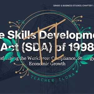 May include: A dark blue graphic with text about the Skills Development Act (SDA) of 1998. The text includes "Transforming the Workforce: Compliance, Strategy, and Economic Growth." The image has a decorative circular design.