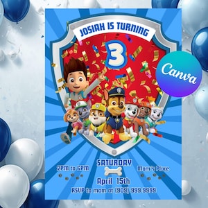 Könnte beinhalten: Eine blaue Geburtstagseinladung mit dem Text "JOSIAH IS TURNING 3". Die Einladung enthält Zeichentrickfiguren und den Text "SATURDAY", "April 15th" und "RSVP to mom". Der Hintergrund hat blaue und weiße Luftballons.