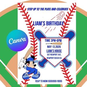 May include: Baseball-themed birthday invitation with a cartoon character swinging a bat. The invitation includes the text "Liam's Birthday," date, time, and location. The background features a baseball field design with red stitching.