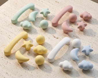 Ceramic Cabinet Knobs, Cute Drawer Knobs, Cloud Star Moon Furniture Hardware, Kids Room Cabinet Handles, Kitchen Drawer Pulls, Dresser Knobs