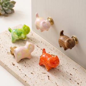 Peut inclure: Cinq boutons de placard en forme de chat avec une base circulaire couleur laiton. Un bouton est en bois brun, tandis que les quatre autres sont fabriqués dans un matériau lisse et brillant avec des motifs marbrés verts, roses et orange.