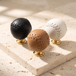 Leather Baseball Cabinet Knob, Leather Drawer Pull, Solid Brass Base Knob, Sports Furniture Handle, Dresser Closet Kitchen Cabinet Hardware