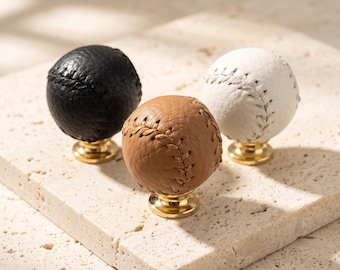 Leather Baseball Cabinet Knob, Leather Drawer Pull, Solid Brass Base Knob, Sports Furniture Handle, Dresser Closet Kitchen Cabinet Hardware