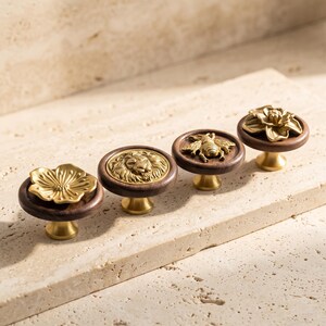 May include: Four circular cabinet knobs featuring dark brown wood bases and brass-toned metal accents. The designs include a flower, a lion head, a bee, and a blooming flower. Each knob has a conical brass base for mounting to furniture.