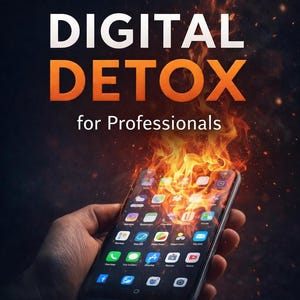 May include: Book cover with the title "DIGITAL DETOX for Professionals" in large orange letters. The image shows a smartphone engulfed in flames, held by a hand. The text "Is Your Attention Under Attack?" is at the top, and the author's name, Gamze Yaman, is at the bottom.