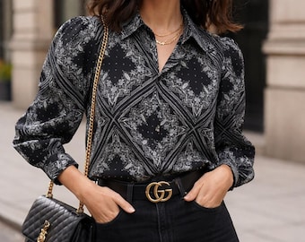 Black Printed Blouse Outfit, Chic Street Style Look, Elegant Women's Fashion, Minimalist Parisian Style, Luxury Casual Outfit, Trendy Fall
