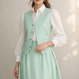 May include: A mint green and white striped waistcoat, skirt, and white blouse ensemble. The waistcoat has a button-up front and the skirt is pleated. The outfit is a classic, feminine style.