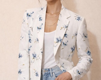 White Floral Blazer for Women | Blue Flower Printed Blazer | Elegant Spring Jacket | Wedding Guest Blazer | Casual Chic Women's Jacket | Cot