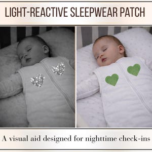 May include: A white sleepwear patch with two heart-shaped designs. The left side shows a sparkling silver heart design, while the right side shows a green heart design. The text at the top reads "LIGHT-REACTIVE SLEEPWEAR PATCH". The text at the bottom reads "A visual aid designed for nighttime check-ins".