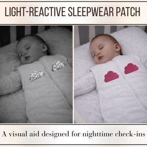 May include: A light-reactive sleepwear patch featuring two cloud-shaped designs on a white wearable blanket. The left image shows the patches glowing white in low light, while the right image shows the patches in a solid pink color in daylight.
