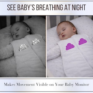 May include: A baby in a white sleep sack with cloud-shaped sensors. The image is split, with one side in black and white and the other in colour. Text at the top reads "SEE BABY'S BREATHING AT NIGHT." The bottom text says "Makes Movement Visible on Your Baby Monitor."