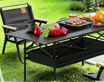 Height Adjustable Outdoor Folding Camping Table with Mesh