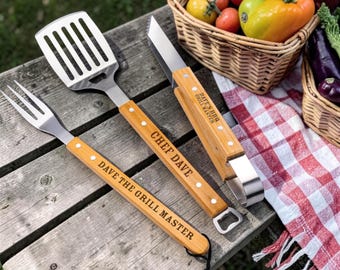 Juego de 3 utensilios personalizados para barbacoa con grabado personalizado – Regalo ideal para él