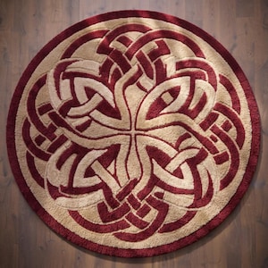Round Celtic Knot Rug, Burgundy & Ivory Area Rug, Irish tufted Carpet, Living Room decor