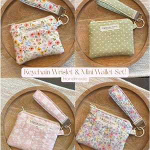 Puede incluir: Cuatro juegos hechos a mano de llavero, pulsera y mini cartera. Cada juego incluye una pequeña cartera con cremallera y una correa de muñeca a juego. Las carteras presentan estampados florales y de lunares en varios colores. El texto "Midwest Sewn" es visible.