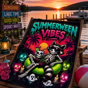 Peut inclure: Une serviette de plage noire avec l'inscription "Summerween Vibes" en turquoise et rose. La serviette représente un raton laveur portant des lunettes de soleil et un squelette, tous deux se relaxant sur un gonflable vert dans un cadre tropical.