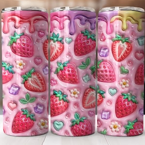 May include: Three stainless steel tumblers with a pink strawberry design. The design features strawberries, hearts, flowers, and geometric shapes on a pink background with a dripping effect. The tumblers are approximately 8 inches tall.