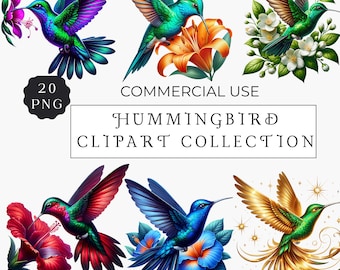 Lebendiges Kolibri Clipart Bundle | 20 Bunte Blumenblumen PNGs zum Basteln | Künstlerische Naturgrafiken