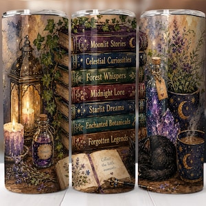 May include: A fantasy-themed tumbler featuring a stack of books with titles like "Moonlit Stories" and "Celestial Curiosities." The design includes a lantern, candles, potion bottles, a sleeping black cat, and a cup with a crescent moon. The color palette is warm with purples, blues, and golds.