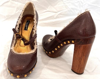 DOLCE and GABBANA Vintage Brown Leather Studded Shearling Jane Pumps Marked as 36 6US