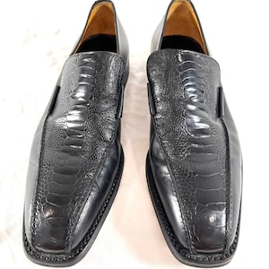 GIANNI VERSACE Vintage Authentic Black Ostrich Leather Men&#39;s Loafers Size 40.5EU 7.5US