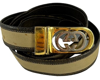 GUCCI Brown Leather/Beige Nylon GG Reversible Gold & Silver Buckle Belt