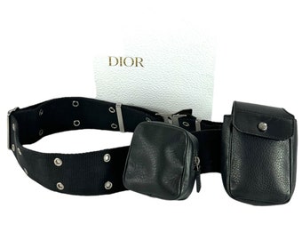 CHRISTIAN DIOR MA-0052 Black Leather Twin Pochette Belt Bum Bag Funny Pack 38"