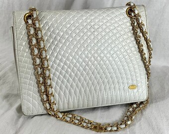 BALLY Chain Quilted Shoulder Bag Crossbody Leather Cream / Ivory Double Flap