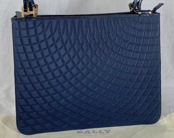 BALLY Authentic Vintage Quilted Navy Blue Fabric and Leather Trim Tote Shoulder Bag Made in Italy