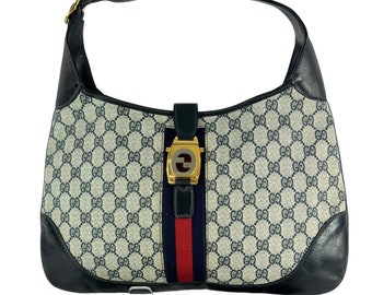70's RARE! GUCCI Navy Blue Canvas Monogram/Web Jackie Shoulder Bag Authenticated