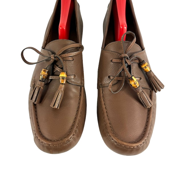 GUCCI 367923 Brown Leather Bamboo Tassel Men Loafers Made in Italy 10G - 10.5 US