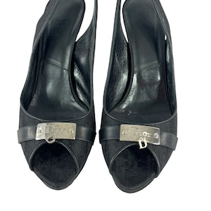 DIOR Black Monogram Canvas Open Peep Toe Logo Plaque Heels 39.5 - 9.5