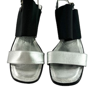 1999 CHANEL Silver Metallic Leather Black Spandex Slingback Sandals 36-6US