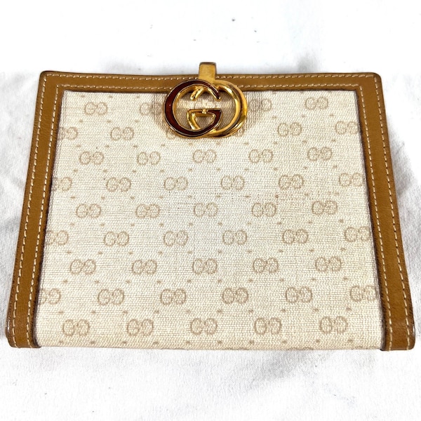 GUCCI Ivory Canvas & Tan Leather Vintage Bi Folding Wallet Made in Italy