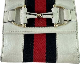 GUCCI White Leather With Horsebit and Web Card Holder Wallet Made in Italy